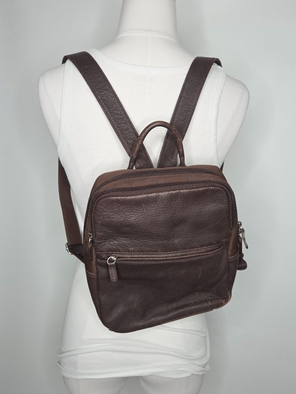 Fossil Leather Backpack/Purse Deep Brown Small Pebbled Double Zipper